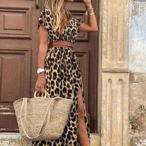 Chocolate Brown Casual Women's Leopard Print Deep V BatwingSleeve Dress
